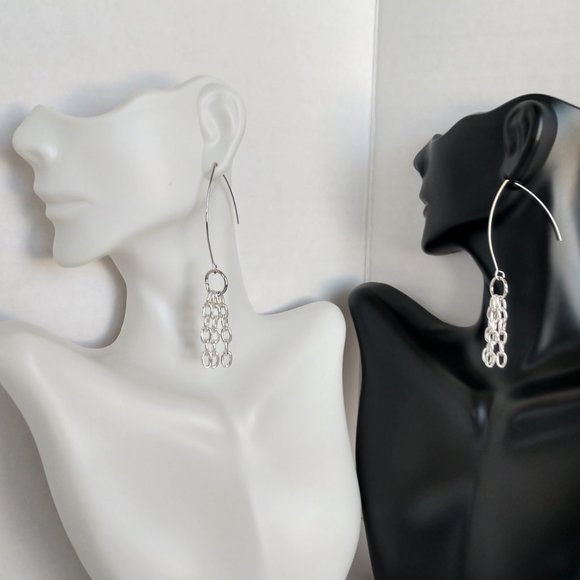 Handmade Silver Plated Chain Earrings on Boomerang Wires 3 Inches - Picture 8 of 16